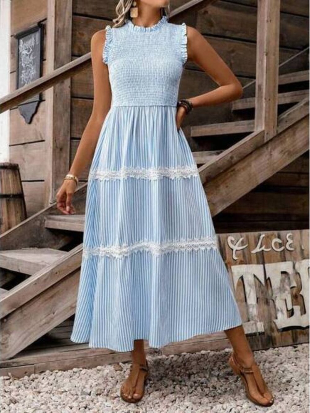 LanaWest Striped Lace Trim Sleeveless Dress